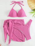 With Beach Sarong Bra Cup Wrinkled Bikini Female Swimsuit Women Swimwear Three-pieces Bikini Set Push Up Bathing Suit Swim Lady