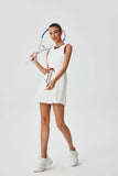 Summer Round Neck One-piece Tennis Dresses for Women White Contrast Sleeveless Drawstring Built-in Shorts Fitness Pleate Skirt