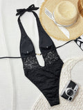 DEKA Black Lace Swimsuit Sexy Women One Pieces Swimwear Female Hollow Monokini Halter Bathing Suit Beachwear Solid Bodysuit