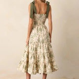 Women's Summer Floral Print Dresses Stylish Ruffled Trim Smocked Sleeveless Tie-Shoulder A-Line Dress