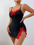 Summer Sexy Nightgown Women Comfortable Black Lace Trim V-Neck Side Slit Straps Nightdress Sleepwear Nightwear