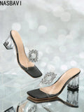 Women Luxury Crystal Buckle Slip-on Transparent Fresh Slippers Women 2026 Square Toe Slides Sexy Beach Party Princess Shoes