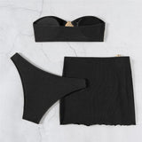 Brown Solid Swimwears Strapless Bandeau Bikinis Sets 3 Pieces Cover Up Sexy Swimsuit Woman 2026 Metal Buckled Bikini Beachwear