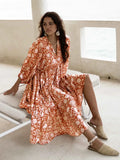 Foridol Lantern Half Sleeve Cyan Bohemian Beach Midi Loose Dress Summer for Women Tie Up Casual Floral Holiday Midi Vestidos