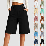 Women's High Waist Cotton Linen Bermuda Shorts Double Breasted Wide Leg Casual Shorts With Pockets Loose Fit Office Summer Short