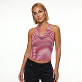Women Striped Low Cut Tank Tops Slim Fit Cowl Neck Open Back Sleeveless Halter Crop Shirts Trendy Summer Streetwear