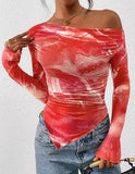 Women's Off-Shoulder Ruffled Sleeve Long-Sleeve Top with Asymmetrical Tie-Dye Mesh Asymmetrical Pleated Floral Print T-Shirt
