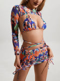 Long Sleeve Printed Halter Bikini Female Swimsuit Women Swimwear Four-pieces Bikini Set with Mesh Skirt Bathing Suit Beach Wear