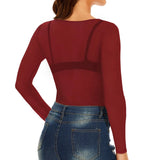 Sexy Women T Shirt See Through Transparent Mesh Tees Long Sleeve Sheer Slim Ladies Solid Round Neck Skinny T-Shirt Lace Crop Top