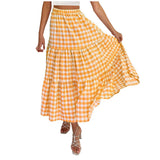 2026 Summer Vintage Checkered Maxi Skirt Women High Waisted Elastic Plaid Ruffle Long Skirts Retro Sweet Cake A  Line Skirts