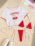 Cherry Print Mesh Short Sleeve Bikini Female Swimsuit Women Swimwear Three-pieces Bikini Set Micro Bathing Suit Swim Beachwear