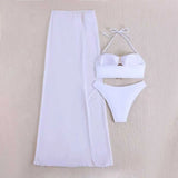 Vintage White Mesh Long Skirt 3 Piece Bikini Set 2026 Swimwear Women Metal Starfish Hollow Out Push Up Bra High Waist Swimsuit