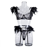 Toucheart 4 Piece Set Fun Lingerie For Women Feather Lace Splicing Chain Sexy Slim Mesh See-Through Sexy Lingerie Garters Suit