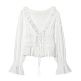 Women's Fashion Embroidered Tulle Blouse White Lace Ruffle Trim Tie Front Blouse Sleeve V Neck Casual For Women Daily Wear F4FI