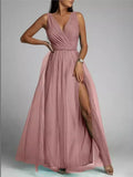 Elegant Solid Color Fine Sparkle Party Dresses Women Temperament V-neck Leace-up Mesh Slit Long Dress Evening Vestidos Female