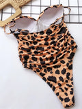 Push Up Bra Cup Leopard Scrunched Women Bandeau Swimwear One Piece Swimsuit Female Monokini High Cut Bathing Suit Swim Bodysuit