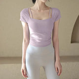 Women's yoga fitness short sleeved T-shirt, fixed chest cushion mesh fake two-piece yoga training fitness top