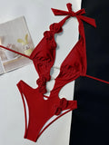 3D Flowers Pearl Deep V Neck Halter Backless Female Swimwear One Piece Swimsuit Women Monokini High Cut Bather Bathing Suit Swim