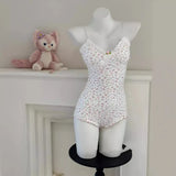 Summer Onesies Women Underwear Sexy Floral Print Bodysuit Lace Trim Sleeveless Slim Fit Jumpsuit Romper Nightwear Lingerie