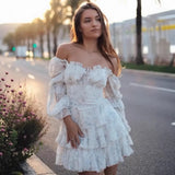 Sweet Long-sleeve Dress For Women Pleated Printed Short Women White Floral Print Mini Dress Long Puff Sleeve For Beach 96U3