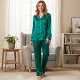 Women's Satin Two Pieces Pajama Sets Fashionable Contrast Color Trim Long Sleeve Button Down Tops with Pants Soft Sleepwear