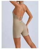 Summer Yoga Jumpsuit Back Hollow Out Bandage Pleate Pocket Shorts Sports One Piece Suits Butt Lifting Fitness Workout Bodysuit