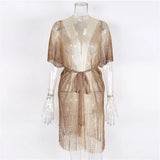 Sexy With Belt Fringe Tassel Crochet Knitted Tunic Beach Cover Up Cover-ups Beach Dress Beach Wear Beachwear Female Women V4649