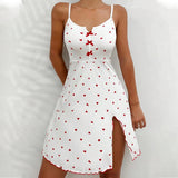 Summer Nightgown Women's Sleepwear Sexy V-Neck Heart Print Slit Front Dress Homewear Comfort Pajama Night Dress Nighties