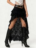 Summer Women Flower Lace Long Skirt Elastic High Waist Layered Ruffle Irregular Skirt Streetwear