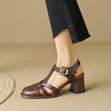 Women's Roman Gladiator Sandals Summer New Khaki Brown Hollow Out T-Strap High Heels Korean Top Quality Mary Jances Sandals