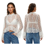 Womens Lace Floral Sheer Blouse Flare Long Sleeve Mock Neck Ruffle Peplum Hem Cropped Shirts Elegant Sexy Cover-ups Tops