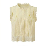 Summer Women’s Button Down Eyelet Tops Solid Color Sleeveless Round Neck Lace Trim Shirts Daily Casual Blouse Summer