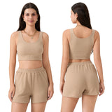 Women 2 Piece Sets Summer Fitness Short Sets Sleeveless Square Neck Crop Vest + Loose Shorts Casual Tracksuits