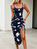 Women's Navy Blue Printed Spaghetti-Strap Split Dress for Spring and Summer