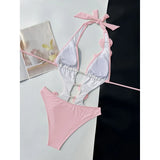 Pink Red Bather Bathing Suit Swim 3D Flower Deep V Neck One Piece Swimsuit Women Swimwear Female High Cut Leg Monokini V6986P