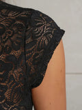 Ahagaga Summer Chic Lace Patchwork Tops Tees Sexy Sleeveless High Neck Hollow Out Slim Regular Elegant Club T-Shirt for Ladies