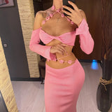 Sexy Knitted Sling Long Skirts Woman's Set Casual Slim Solid Lace Up Tube Tops Slit Skirt Sets Female Summer Beach Dress V6187