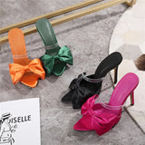 2025 Silk Butterfly Knot Women PVC Slippers Mule 11cm High Heels Slippers Luxury Sandals Pointed Toe Strappy Slides Party Shoes