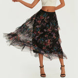 Early Fall Floral Print Ruffle Mesh Skirt Women Irregular Flowy A-line Midi Skirt for Travel, Beach, Shopping