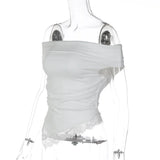 FDYOUI Woman Clothing Slash Neck T-shirts 2026 Summer Sleeveless Lace Patchwork White T Shirt Y2K Girls Irregular Corset Tee Top