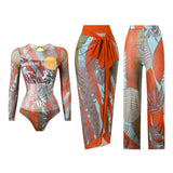 S - XXL 3PCS New Printed Long Sleeve With Pants Sarong Women Swimwear One Piece Swimsuit Female Bather Bathing Suit Swim K7180