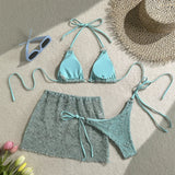 With Fishnet Sarong Skirt Halter Micro Bikini Women Swimwear Female Swimsuit Three-pieces Bikini Set Bathing Suit Swim Beachwear