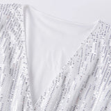Women Summer Fall Sequin Shorts Jumpsuit Trendy Sparkly V Neck Long Sleeve Romper with Belt for Party Club
