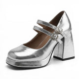 Big Size 32-46 Y2K Metallic Mary Jane High Heels Women Shoes Round Toe Double Straps Rhinestone Buckle Platform Block Heel Pumps