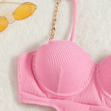 Sexy Push Up Underwire One Piece Swimsuit Women Solid Pink Metal Chain Hollow Out Ribbed Bathing Suit Backless Swimwear Monokini