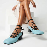 Plus Size 52 Retro Lace Up Ankle Wrap Mary Jane Heels Women Shoes Square Toe Faux Leather Chunky Block Mid Heel Vintage Pumps