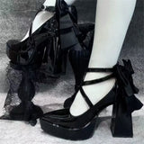 Big Size 42 Black Gothic Cross-strap High Heels Pumps Lolita Bow Tie Chunky Heels Platform Heeled Mary Jane Goth Shoes Women