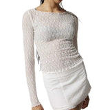 Sexy Lace Hot Girl Crop Tops Fashion Women Spring Autumn Long Sleeve Slim Fit Sheer T-Shirts Casual Streetwear Solid Basic Tees