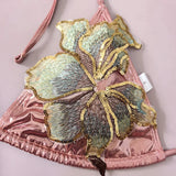 Sexy Patch flower Metallic Pink Irregular Swimsuits Bikinis Sets Two Pieces with Mini Split Skirt Swimsuit Bathing Suit Biquini