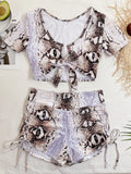 2026 Two Piece Swimsuit Swimwear Women Short Sleeve High Waist Bowknot Bathing Suit Beachwear Snakeskin Print Banadores Mujer